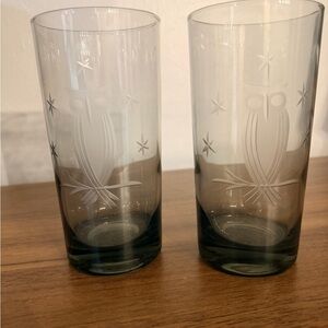 Etched Owl Glass Tumblers Vintage Charcoal Grey Glass Barware